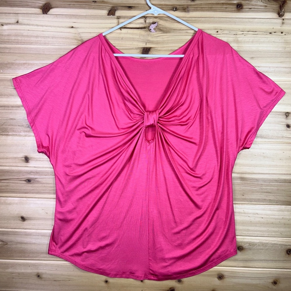 Trina Turk Blouse Womens Medium Hot Pink Twist Front Jersey Short Sleeve Shirt